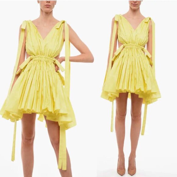 NWT Alexander McQueen Gathered Mini Dress In Yellow Cut-out Flared Sz 40
